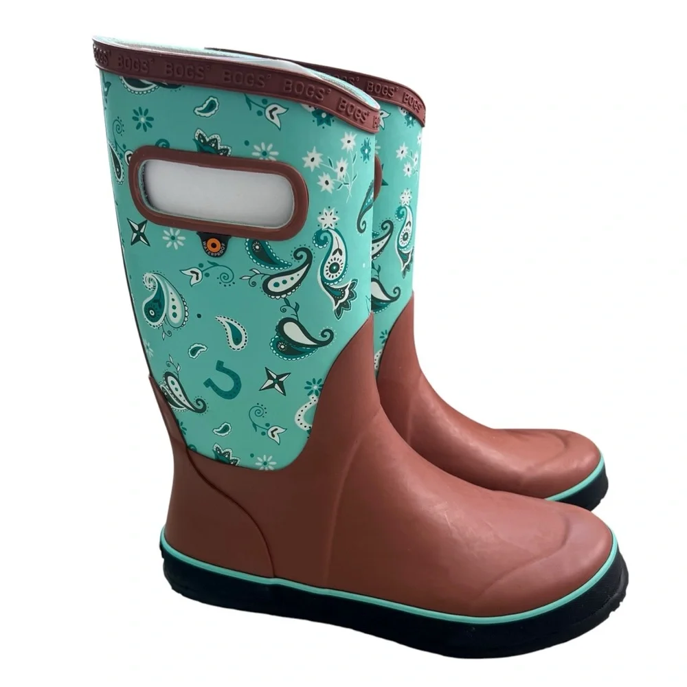 Bogs NIB Turqouise Paisley Western Rainboots Size 5,6